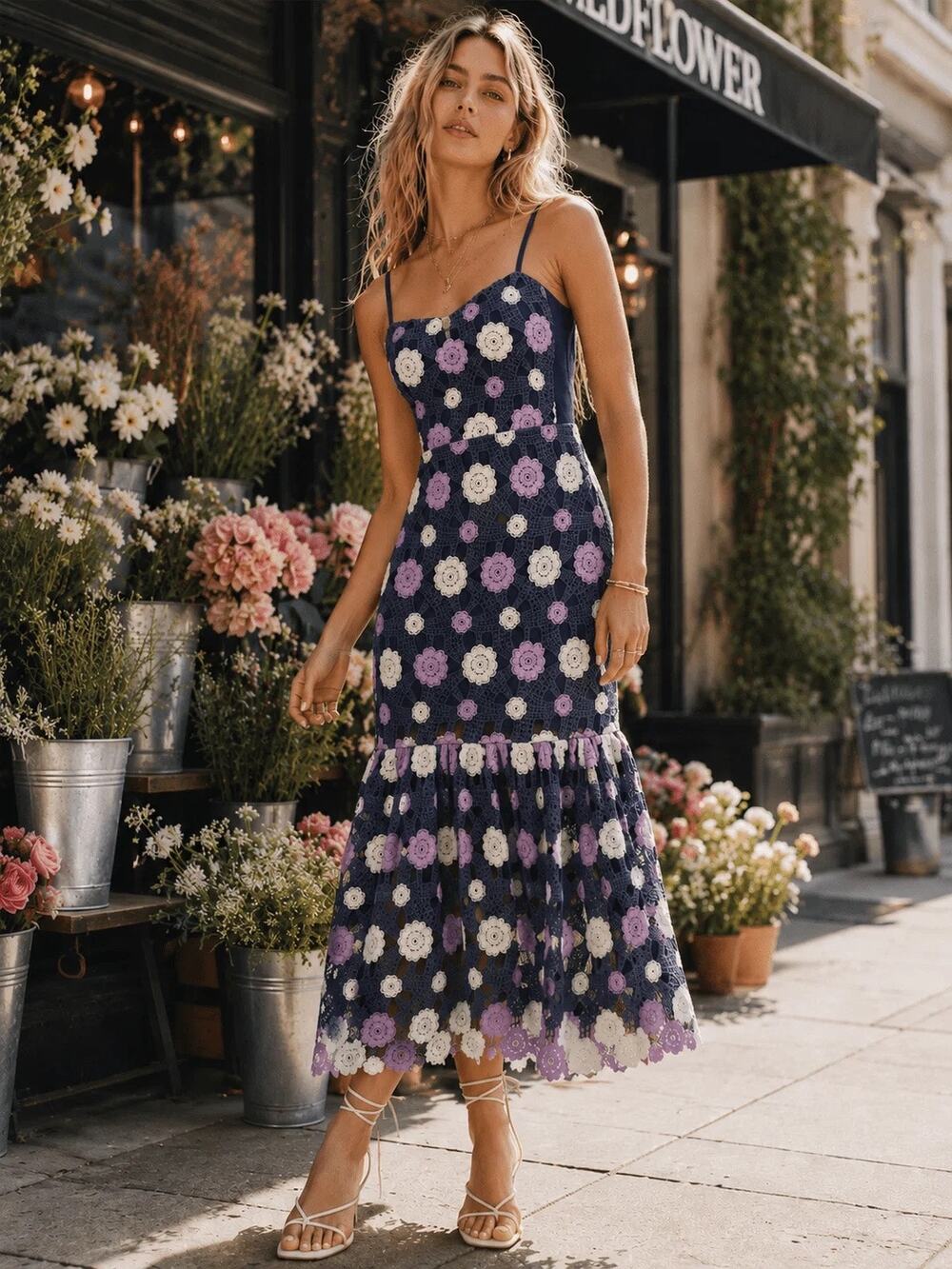 JUST ME WOMEN'S SLEEVELESS V-NECK TIERED FLORAL CROCHET MAXI DRESS